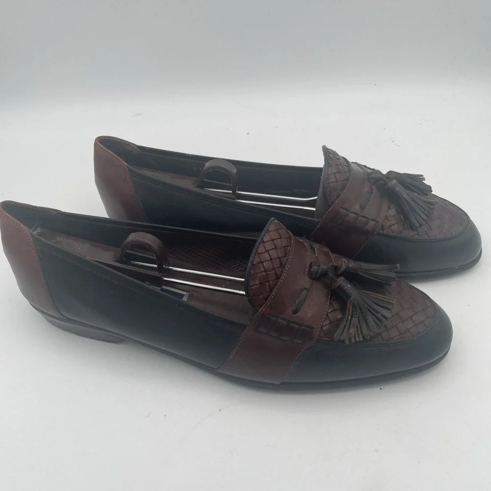 Bragano Mens Shoes Size 10M Black Brown Leather Full Strap Woven‎ Tassel Loafers